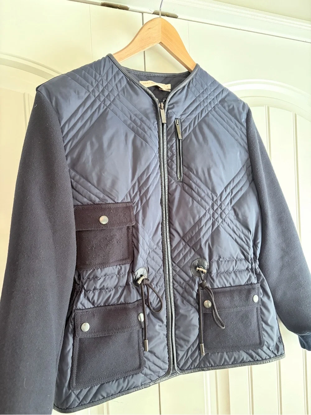 Tory Burch Hilary Quilted Tech Combo Bomber Jacket Navy Women's Size 0 Shaping